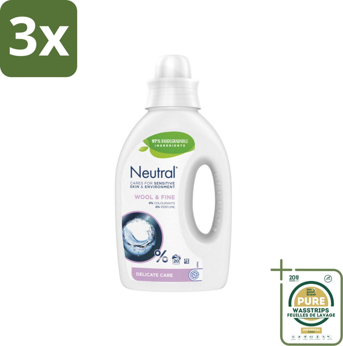 3 x Neutral Vloeibaar Wasmiddel Wol & Fijn 20 Wasbeurten 1 liter - Grootverpakking - Neutraal Wasmiddel - Hypoallergisch Wasmiddel - Parfumvrij Wasmiddel - Gevoelige Huid - Wasmachine