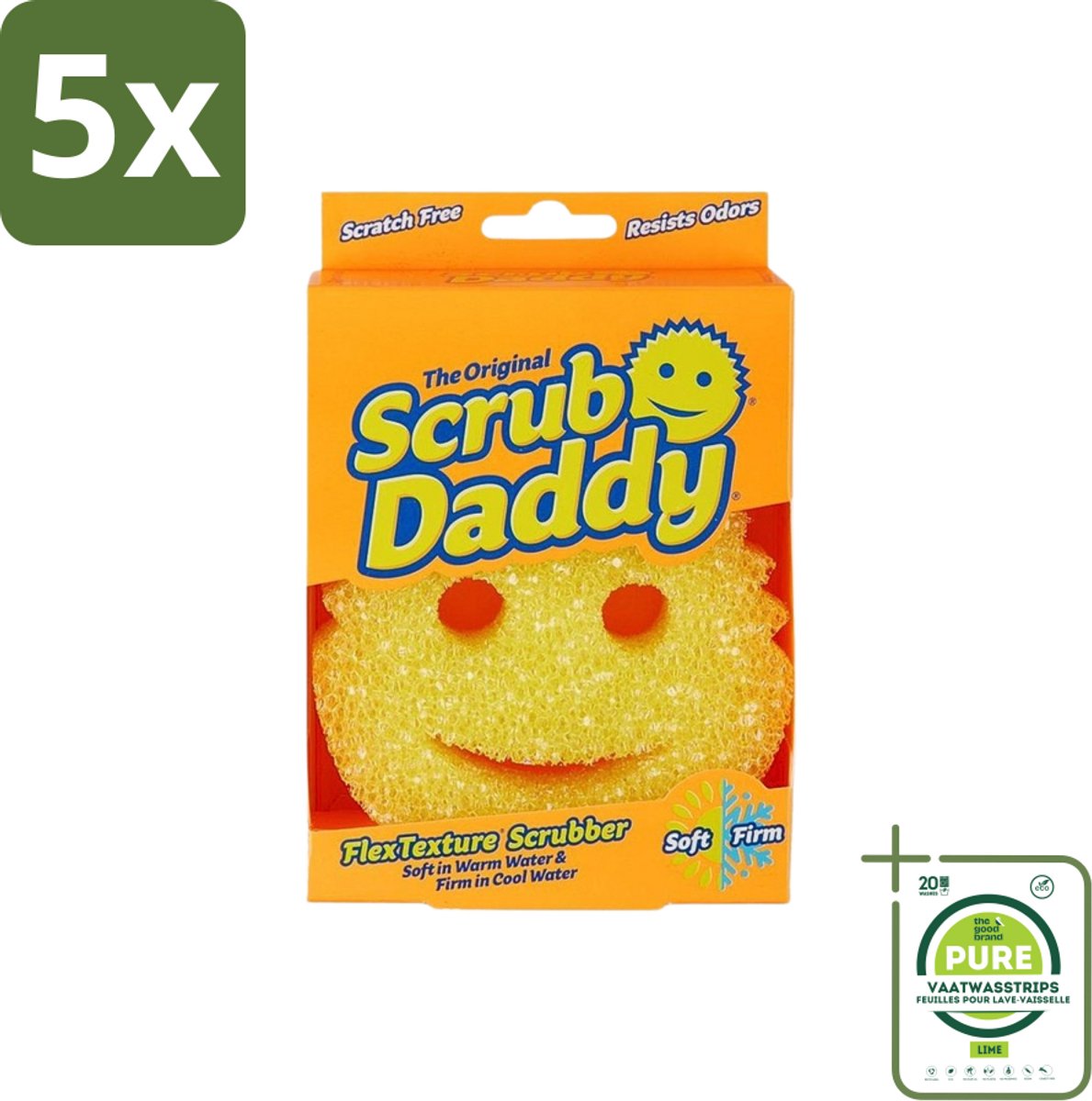 5 x Scrub Daddy - Spons - Veranderende Textuur - 1 Spons - Grootverpakking - Schoonmaak - Vetvlekken Verwijderen - Schrobben - Vaat Reinigen - Koken