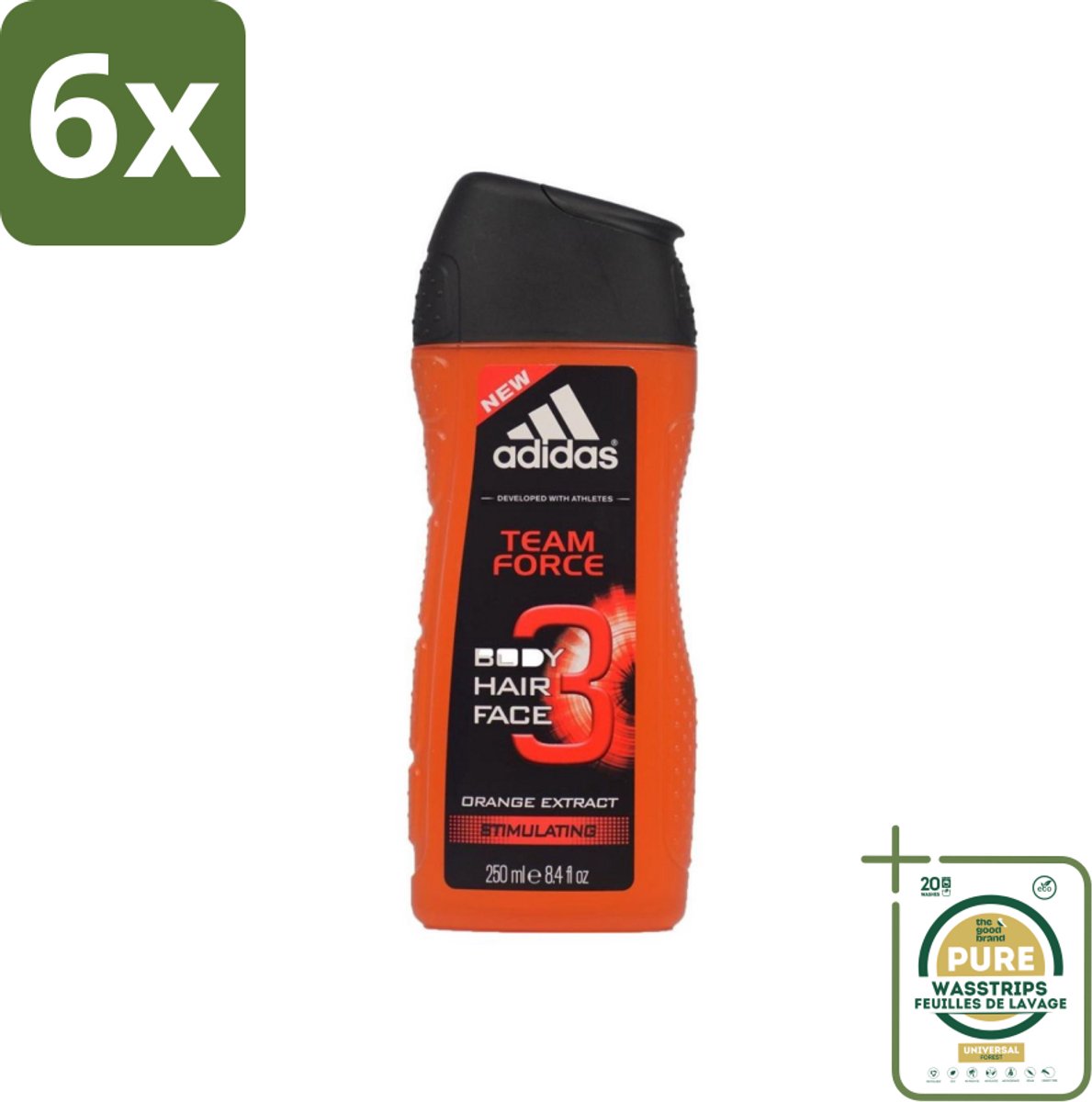 Adidas - 3-in-1 Douchegel - Team Force - Sinaasappel Extract - Stimulating - 250 ml - Voordeelverpakking - 6 stuks - Frisheid - Sinaasappel