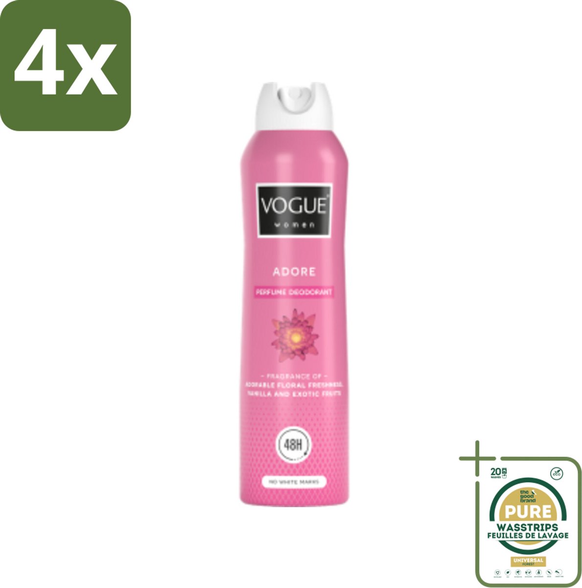 Vogue Adore Parfum Deodorant 150 ml - Voordeelverpakking - 4 stuks - Bloemige geur - Tropisch fruit
