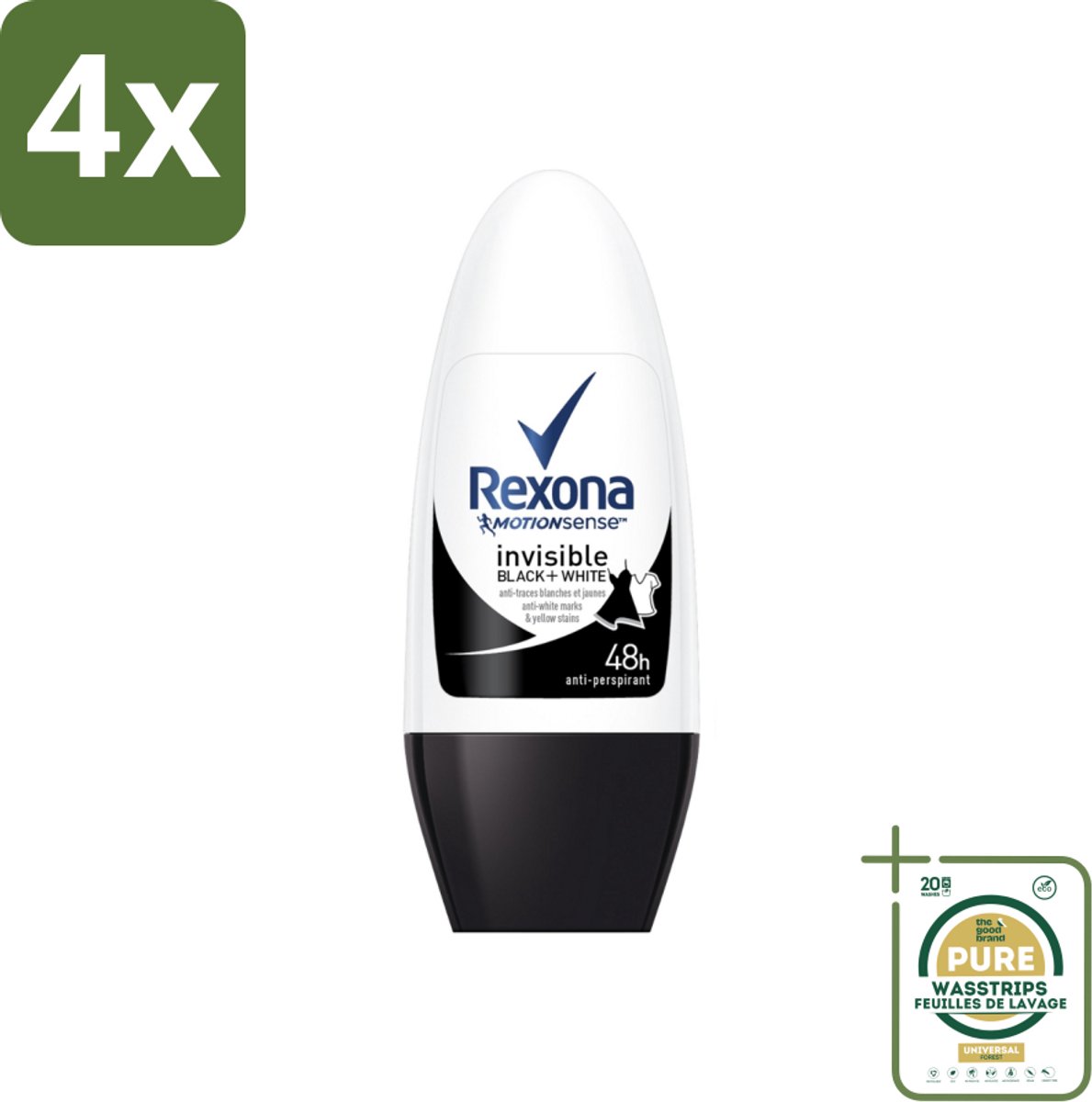 Rexona - Invisible Black & White - Deo Roller - Anti-transpirant - 50 ml - Voordeelverpakking - 4 stuks - Vlekkenvoorkomend - 48 uur bescherming