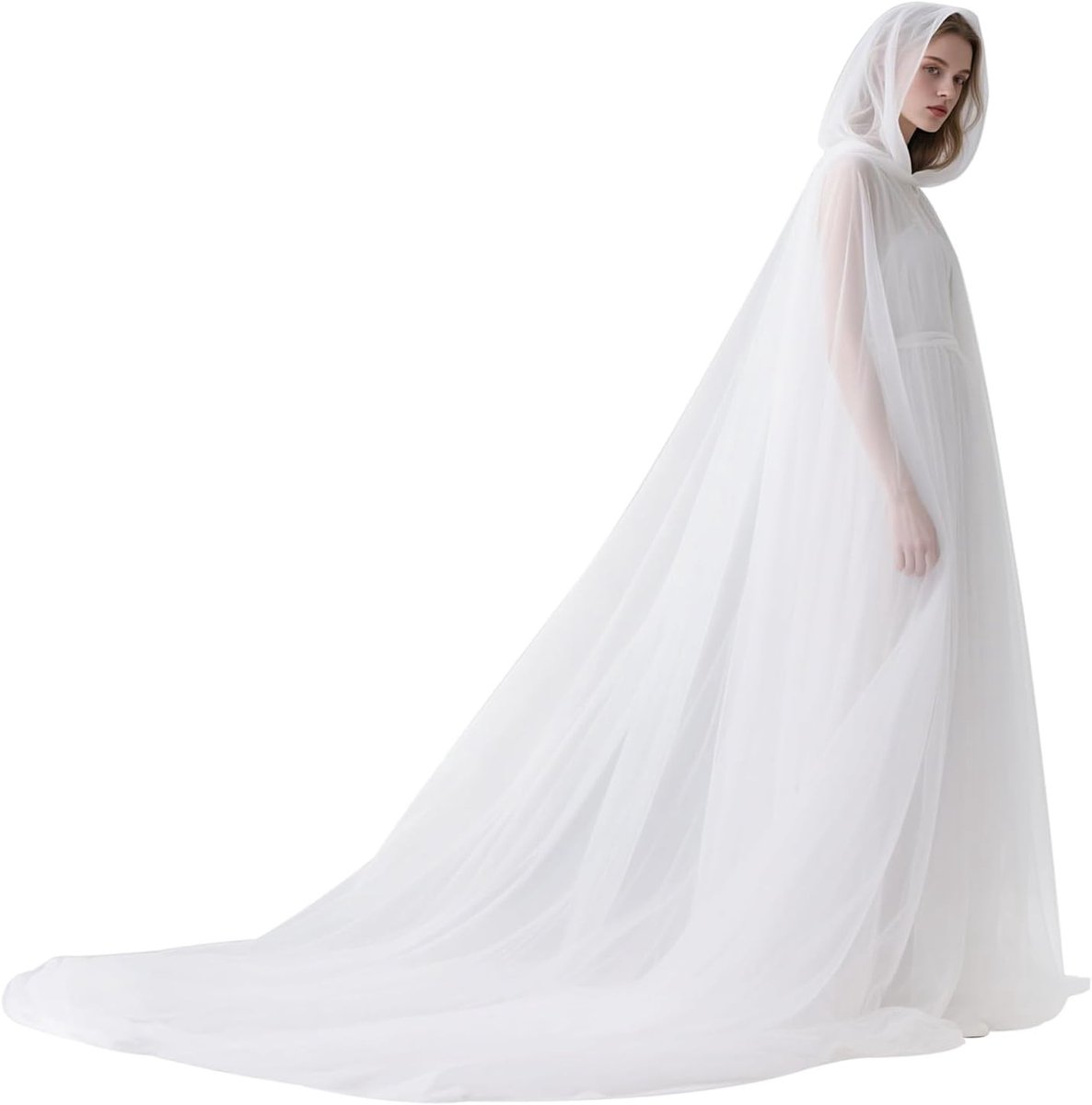 Tulle Cape met Kap en Sleep voor Halloween en Bruiloften - Elegante Witte Cape voor Feestjes en Kostuums