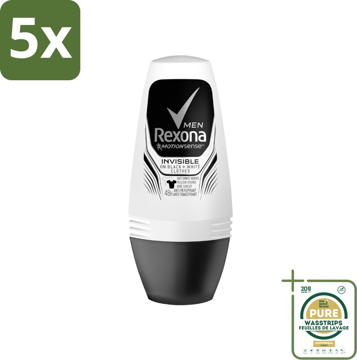 5 x Rexona Men - Invisible On Black & White - Deo Roller - 50 ml - Grootverpakking - Deodorant Voor Mannen - Zweetbescherming - Vlekkenbescherming - Roll-on Deodorant - Frisheid