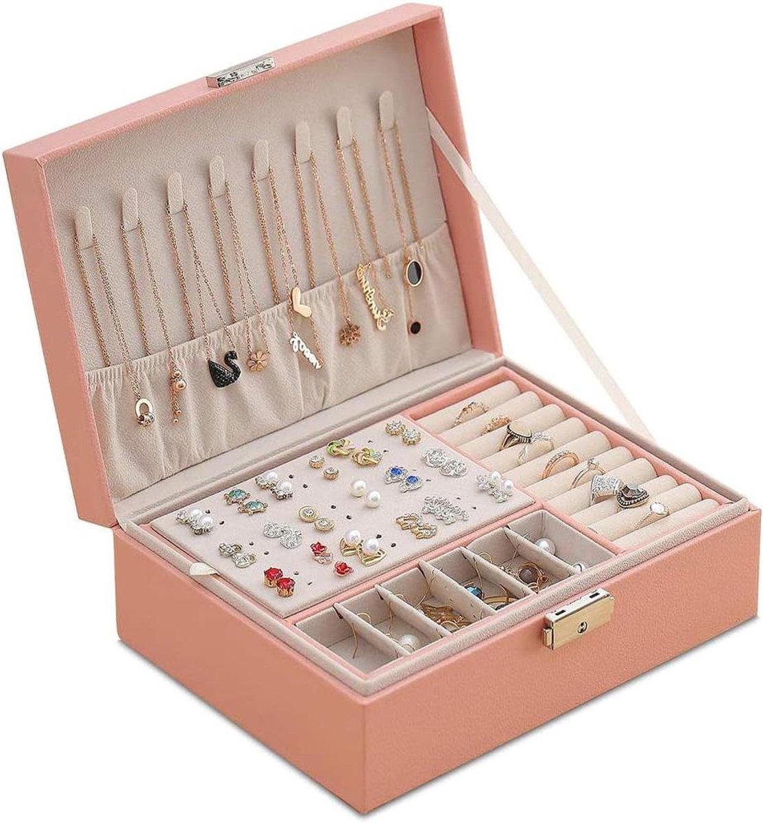 Sieradenkistje - Opbergkoffer - Sieraden Organiseren - Dubbellaags PU-leer - 23 x 17 x 9 cm - Roze