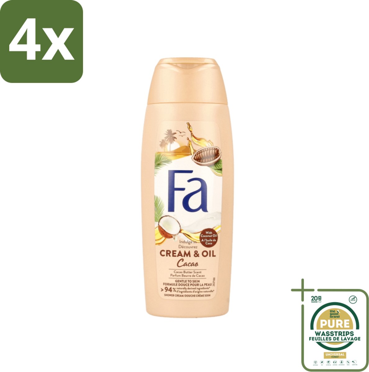 Fa - Douchecrème - Room & Olie Kokosnuss Kakaoboter - Verzachtend & Voedend - 250 ml - Voordeelverpakking - 4 stuks - Verzorgende douche - Cacaoboter