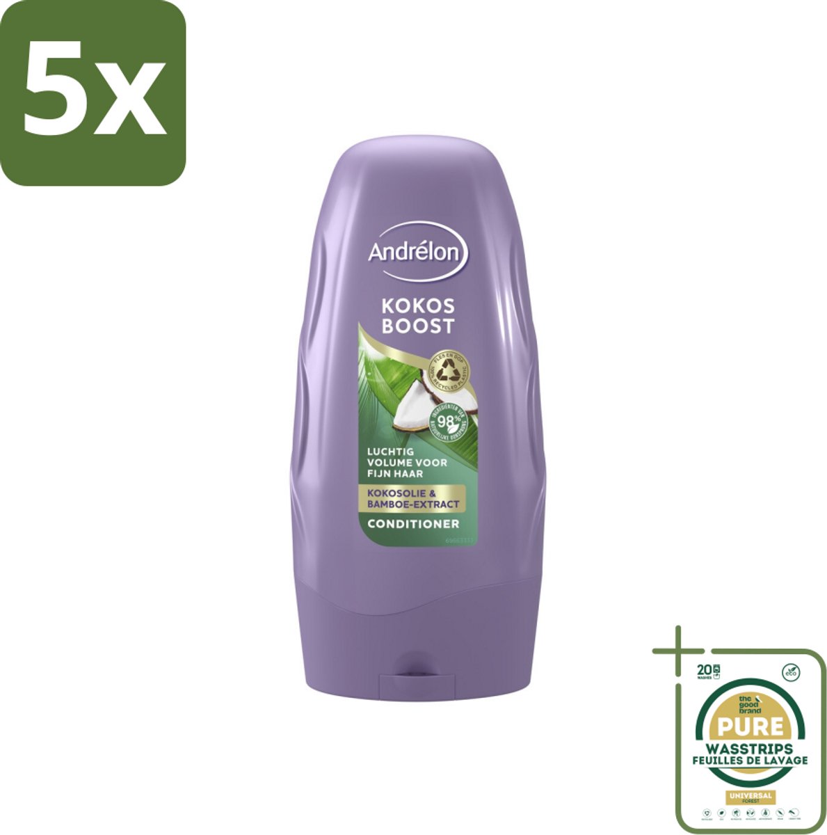 5 x Andrélon - Kokos Boost - Conditioner - Intensieve Voeding - 250 ml - Grootverpakking - Fijn Haar - Volume - Voeding - Kokosolie - Bamboe-extract