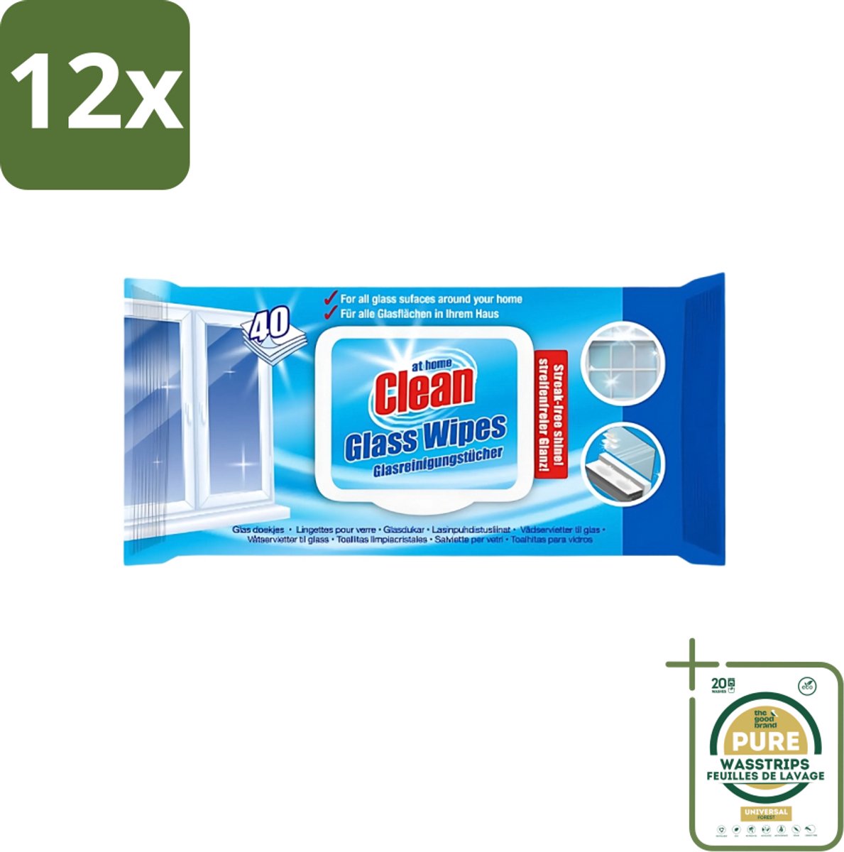 At Home - Clean - Glas Reinigingsdoekjes - Reinigt Streepvrij - 40 Doekjes - Voordeelverpakking - 12 stuks - Glas reinigen - Ruiten reinigen