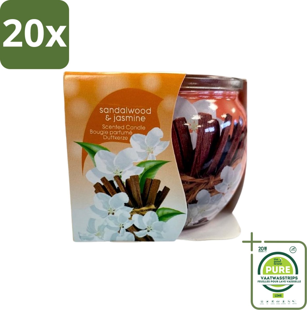 20 x At Home - Scents - Geurkaars - Sandalwood & Jasmin - 70 g - Grootverpakking - Geurkaars - Sandelhout - Jasmijn - Thuisgeur - Rustgevende Geur