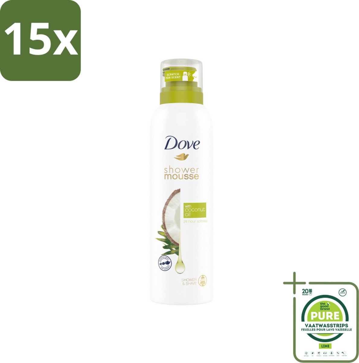 15 x Dove Shower Foam Coconut Oil 200 ml - Grootverpakking - Douche Mousse - Kokosolie Douche - Huid Verzorging - Scheer Mousse - Huid Hydraatatie