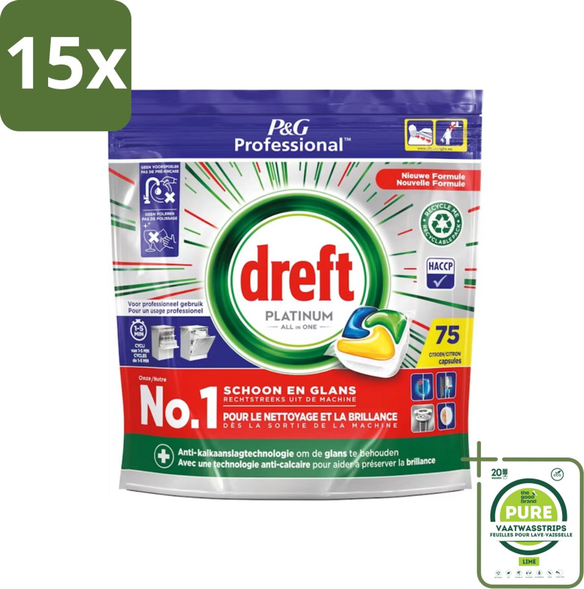 15 x Dreft Professional - Platinum All In One - Vaatwascapsules - Citroen - Antikalkaanslag - 75 Capsules - Grootverpakking - Vaatwassen - Vaatwasser - Vaatwasmiddel - Kalkaanslag - Reinigingsmiddel