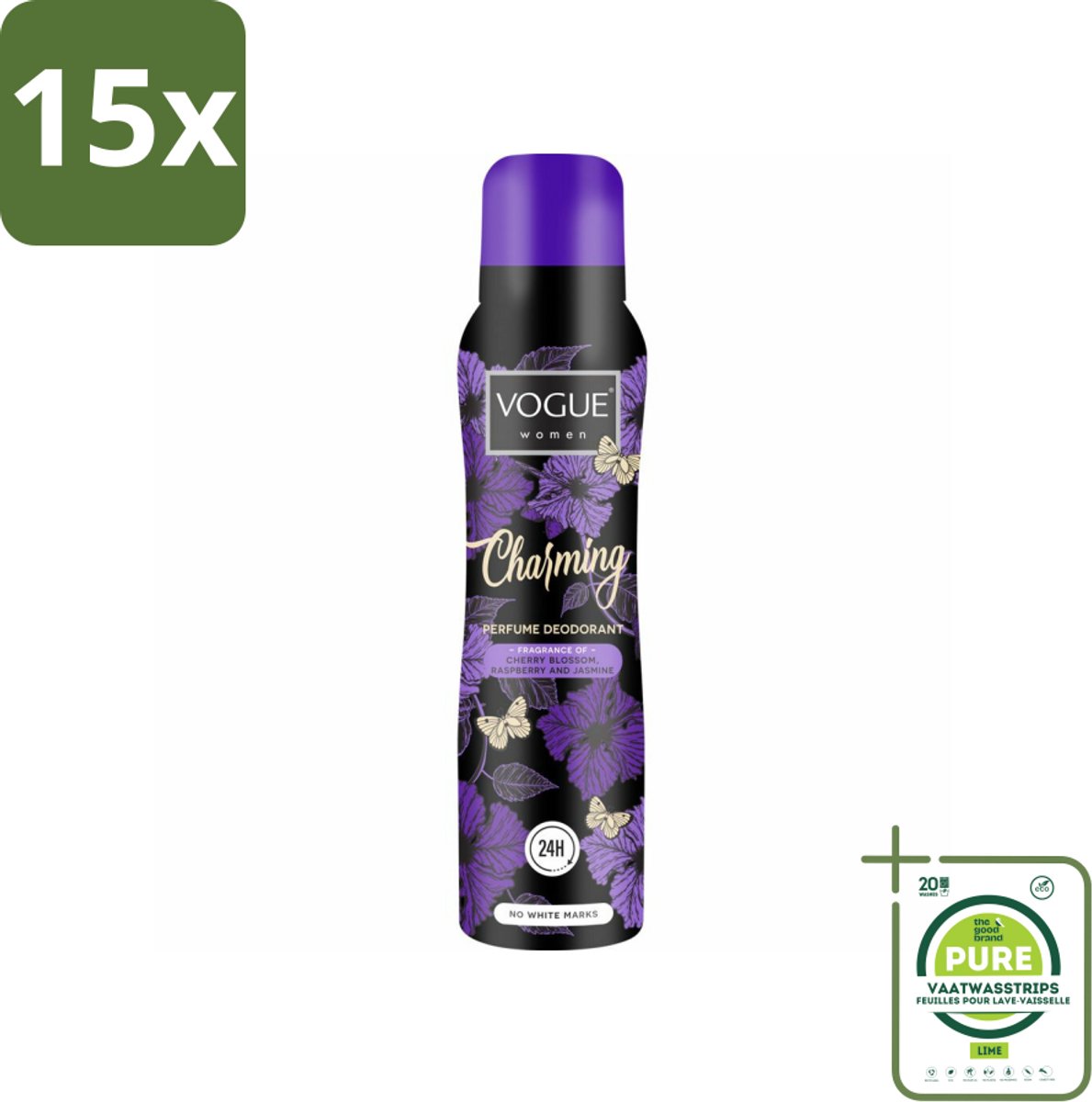 15 x Vogue Charming Parfum Deodorant 150 ml - Grootverpakking - Parfum Deodorant - Geur - 24 Uur Bescherming - Zweetbescherming - Japanse Kersenbloesem