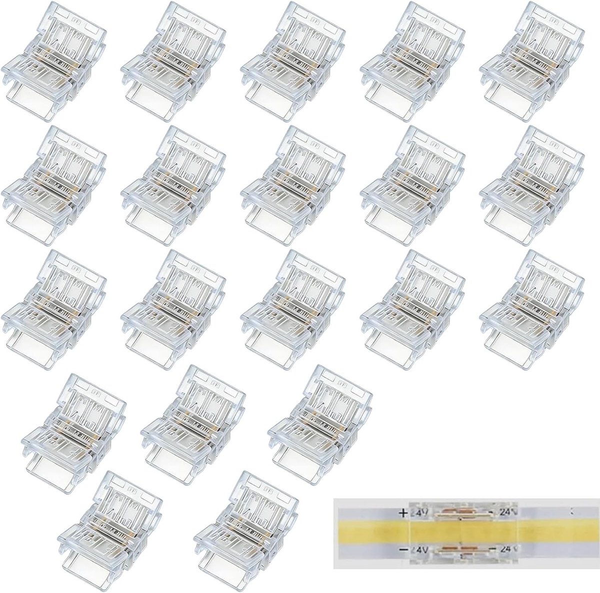 Set van 20 Transparante 2-Pins LED Strip Connectoren - Solderloze Verbinding voor COB en SMD LED Strips, Multi-Functionele Kabels voor Eenvoudige Installatie
