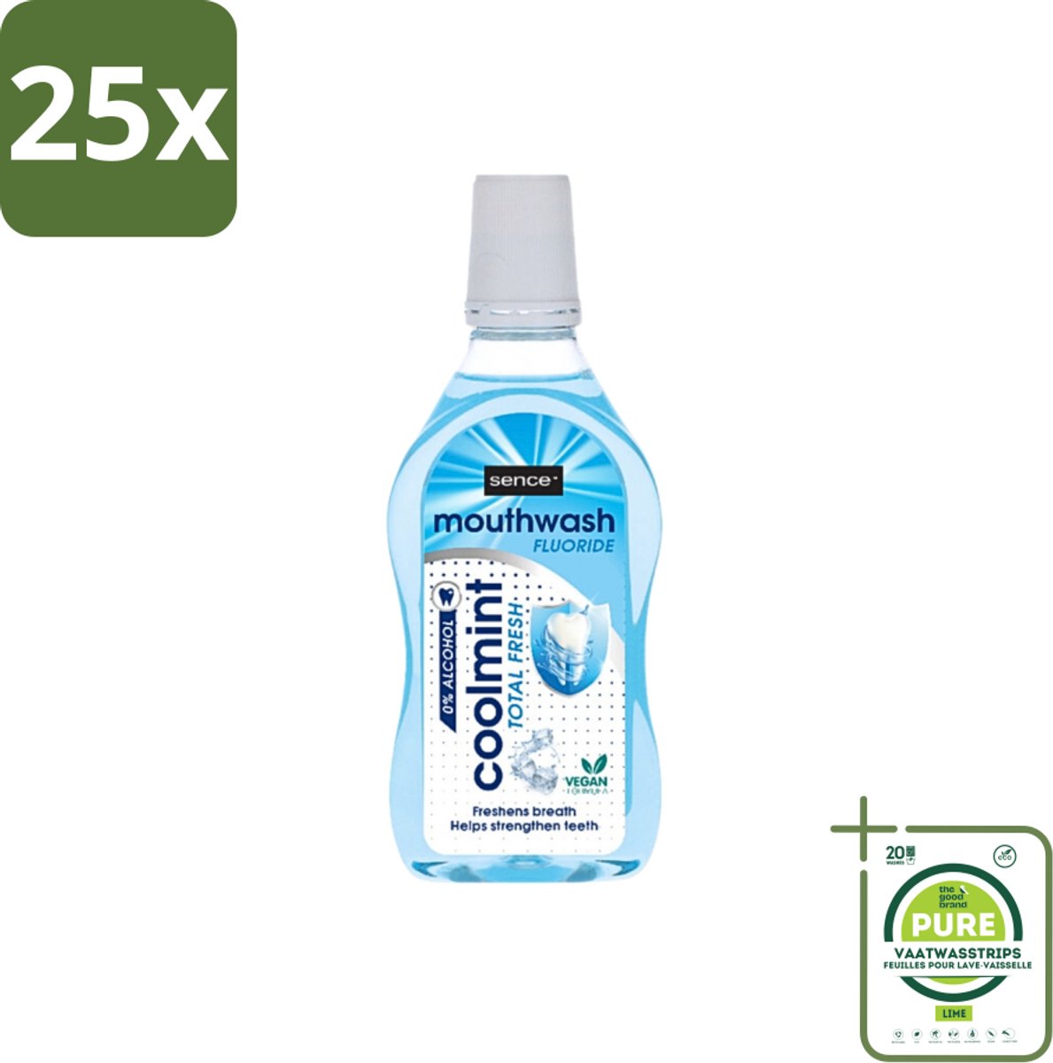25 x Sence - Fresh Coolmint - Mondwater - Verfrissend - 500 ml - Grootverpakking - Mondwater - Frisse Adem - Koele Mint - Fluoride - Gaatjes Voorkomen