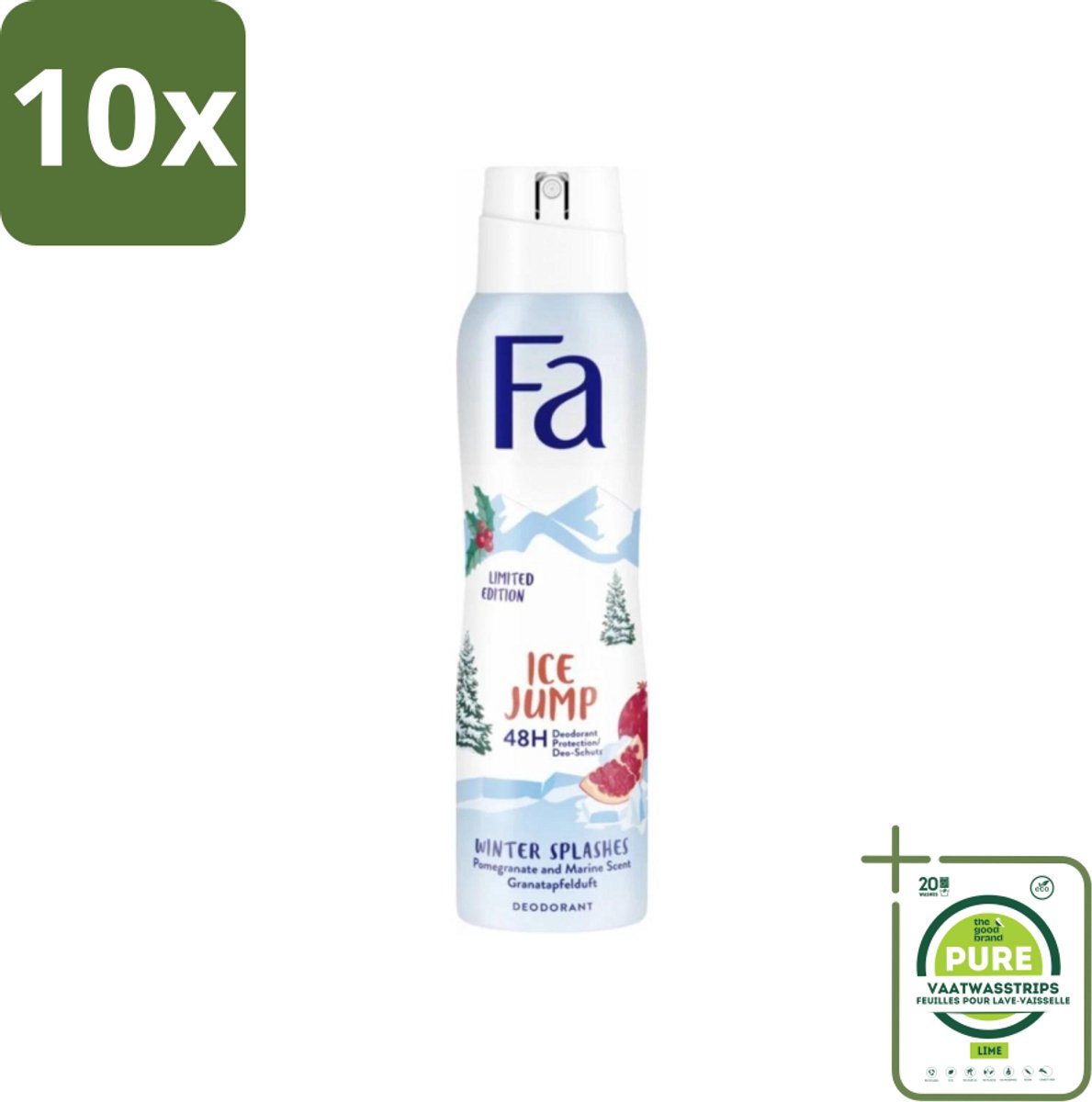10 x Fa - Deodorant Spray - Winter Splashes Ice Jump - Koel - 48 uur Bescherming - 150 ml - Grootverpakking - Deodorant Spray - Winter Splashes Ice Jump - 48 Uur Bescherming - Koel - Fris