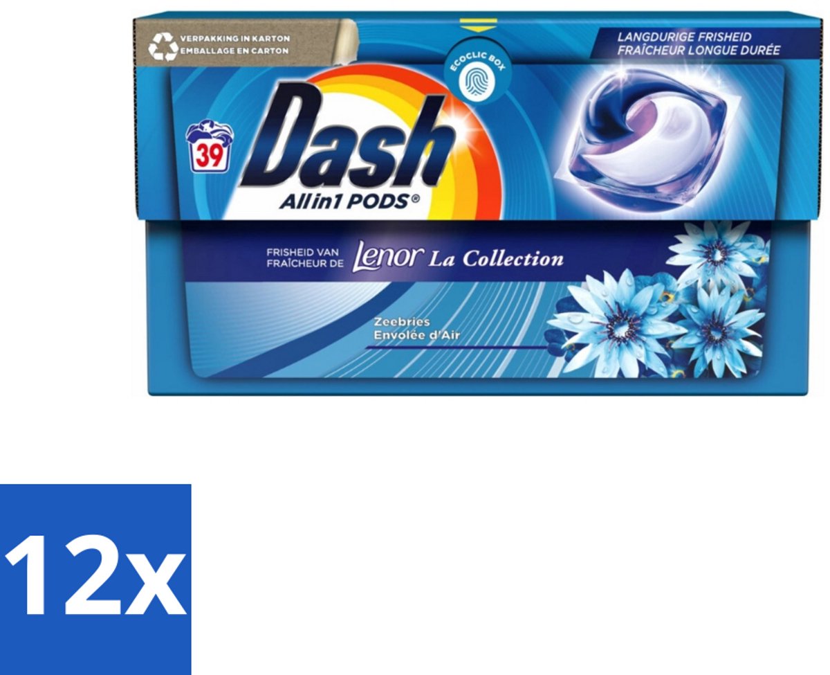12 x Dash - Lenor Collectie - Wasmiddel Capsules - All-in-1 Pods - Witte en Gekleurde Was - 39 Wasbeurten - Wasmiddel Capsules - Waspoeder - Lenor - Ocean Breeze - Wasverzachter