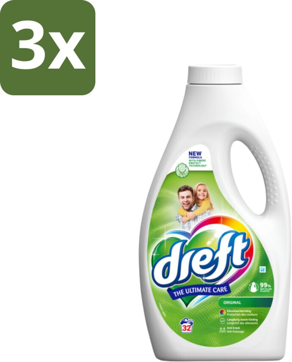 3 x Dreft Vloeibaar Wasmiddel Origineel 32 Wasbeurten 1,4 liter - Kleurbeveiliging - Vloeibaar Wasmiddel - Gekleurde Was - Frisse Geur - Wasmiddel Origineel