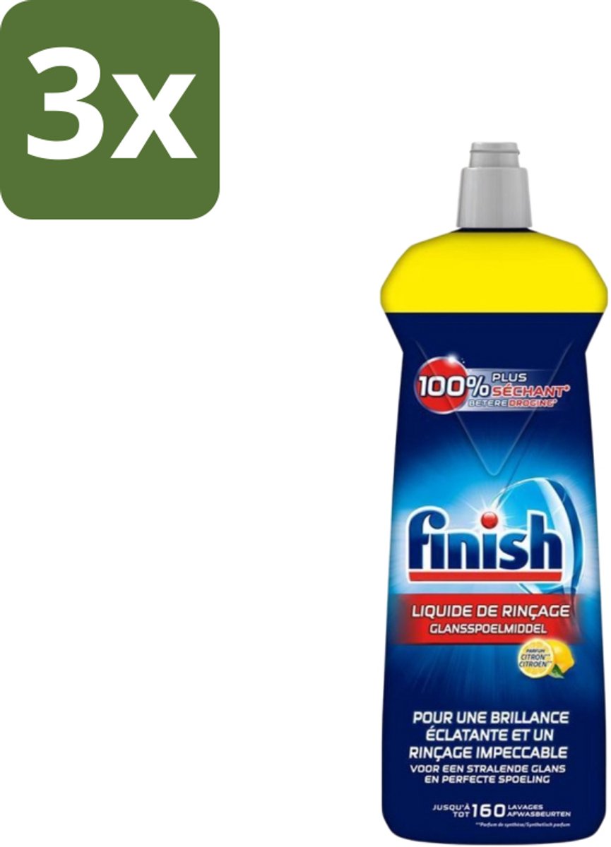 3 x Finish - Glansspoelmiddel - Citroen - Stralende glans - Tot 160 Afwasbeurten - 800 ml - Glansspoelmiddel - Glans - Citroen - Vaatwas - Vaat Drogen