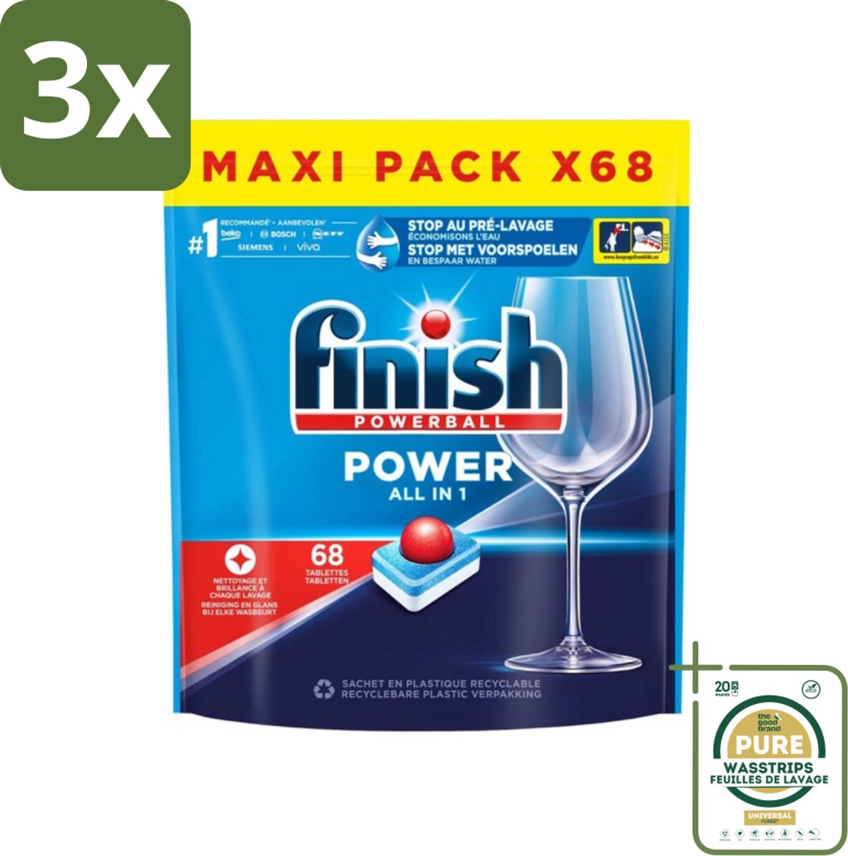 3 x Finish Powerball - Power All in 1 - Vaatwastabletten - Reiniging & Glans - 68 Tabletten - Grootverpakking - Vaatwastabletten - Vaatwasmiddel - Reiniging - Vaatwasser - Anti-kalk
