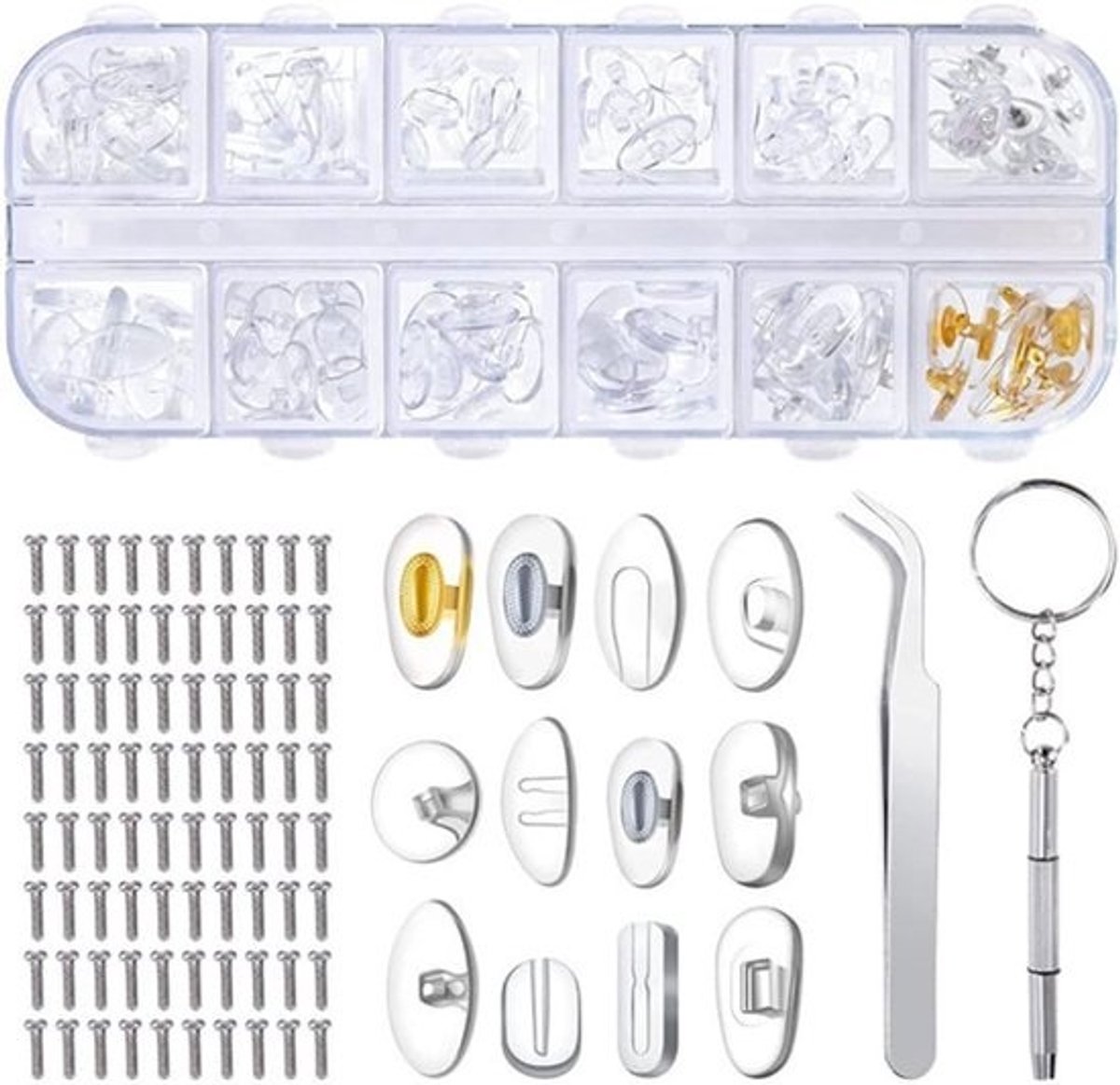 Neuspads voor bril reparatieset - 80 schroeven, pincet, schroevendraaier - 12 stijlen - 60 paar neuspads, 12 schroevendraaiers - klein.
