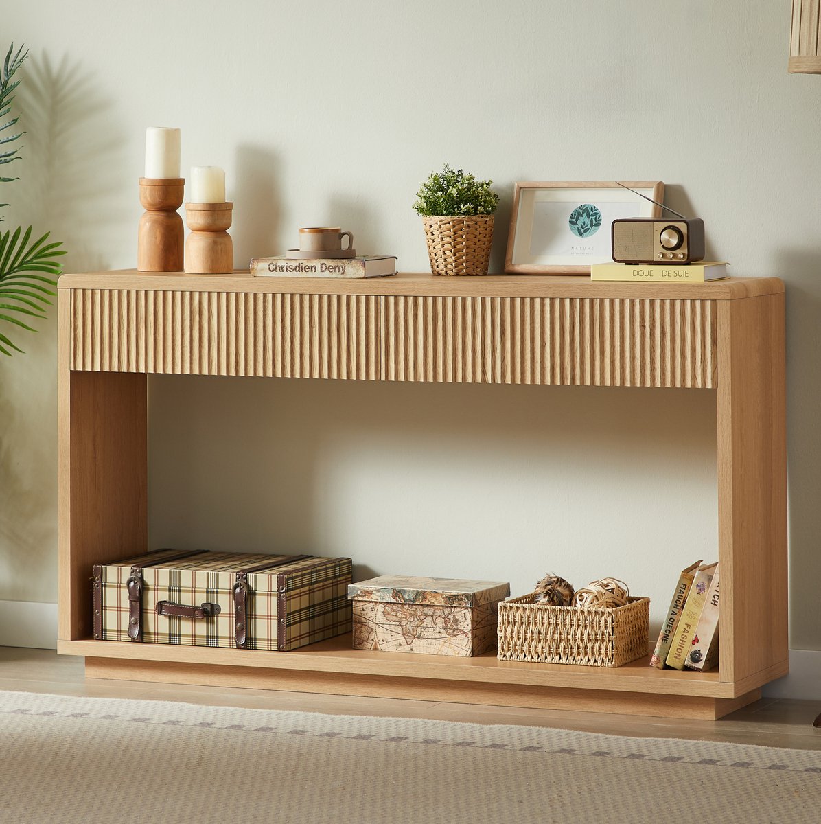OKWISH Sidetable - 2 Lades - Open Vak - Modern Voor Hal En Woonkamer - Geroefde Fronten - Natuurkleur - 150 X 35 X 85 Cm