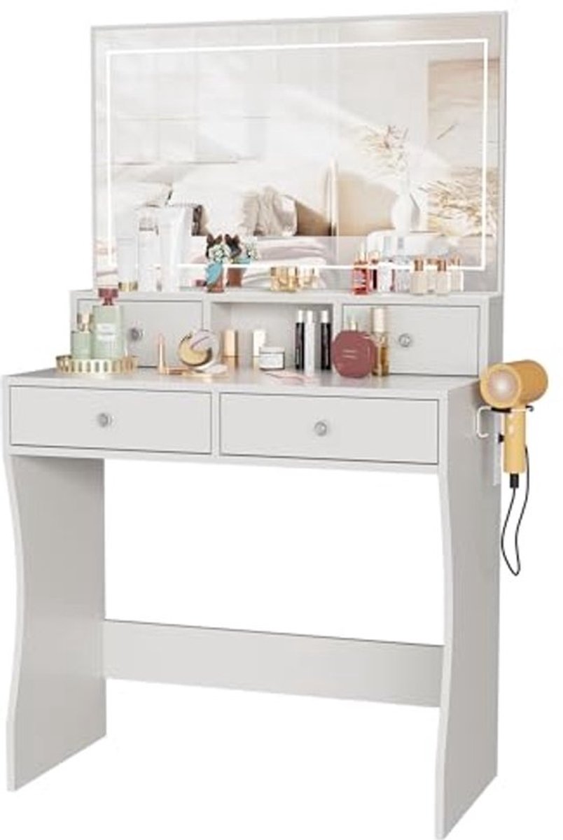 Moderne Make-uptafel met Spiegel en Verlichting | Kaptafel met Oplaadstation