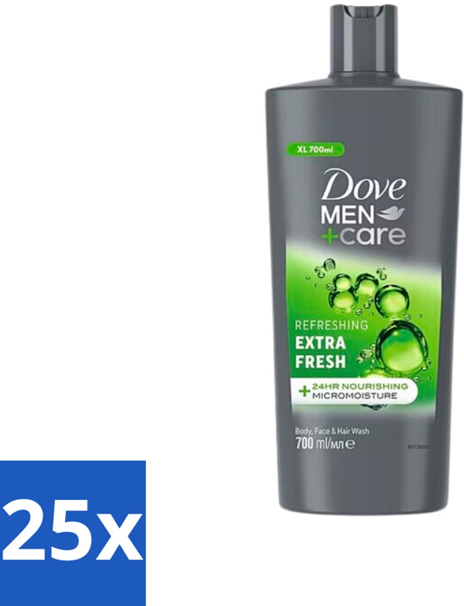 25 x Dove Men+Care - Extra Fresh - Douchegel 3-in-1 - Verzorgend - 700 ml - Douchegel Voor Mannen - Verfrissende Douche - Hydraterende Douche - Gezichtsproduct Voor Mannen - Haarproduct Voor Mannen