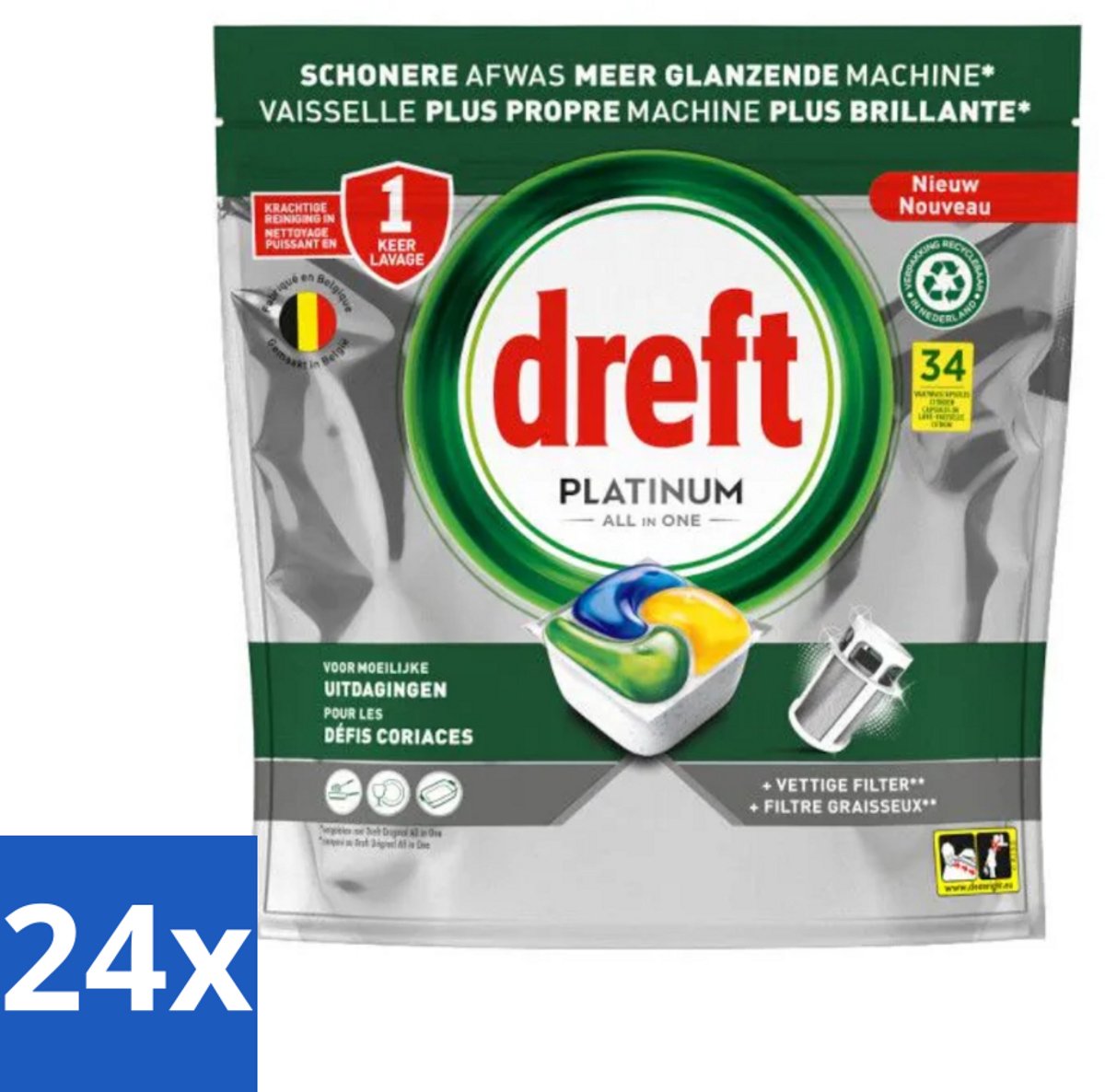 24 x Dreft Platinum - All In One - Vaatwascapsules - Citroen - 34 Afwasbeurten - Vaatwascapsules - Vaatwasser - Citroen - Reiniging - Hardnekkige Vlekken