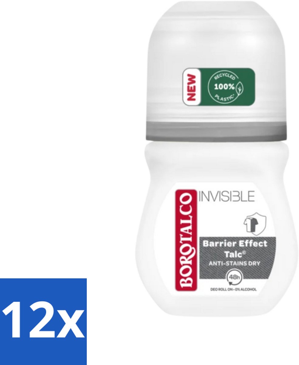 12 x Borotalco - Deodorant Roller - Invisible - Barrier Effect Talc - 0% Alcohol - 50 ml - Borotalco Deodorant - Deodorant Roller - Deodorant Zonder Vlekken - Deodorant Voor Gevoelige Huid - Alcoholvrije Deodorant