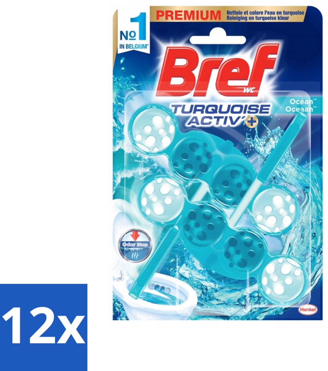 12 x Bref WC - Turquoise Activ+ - Toiletblok - Oceaan - 2 Blokken - Toiletblok - Toilet Fris - Oceaan Geur - Wc Reiniging - Anti-kalk