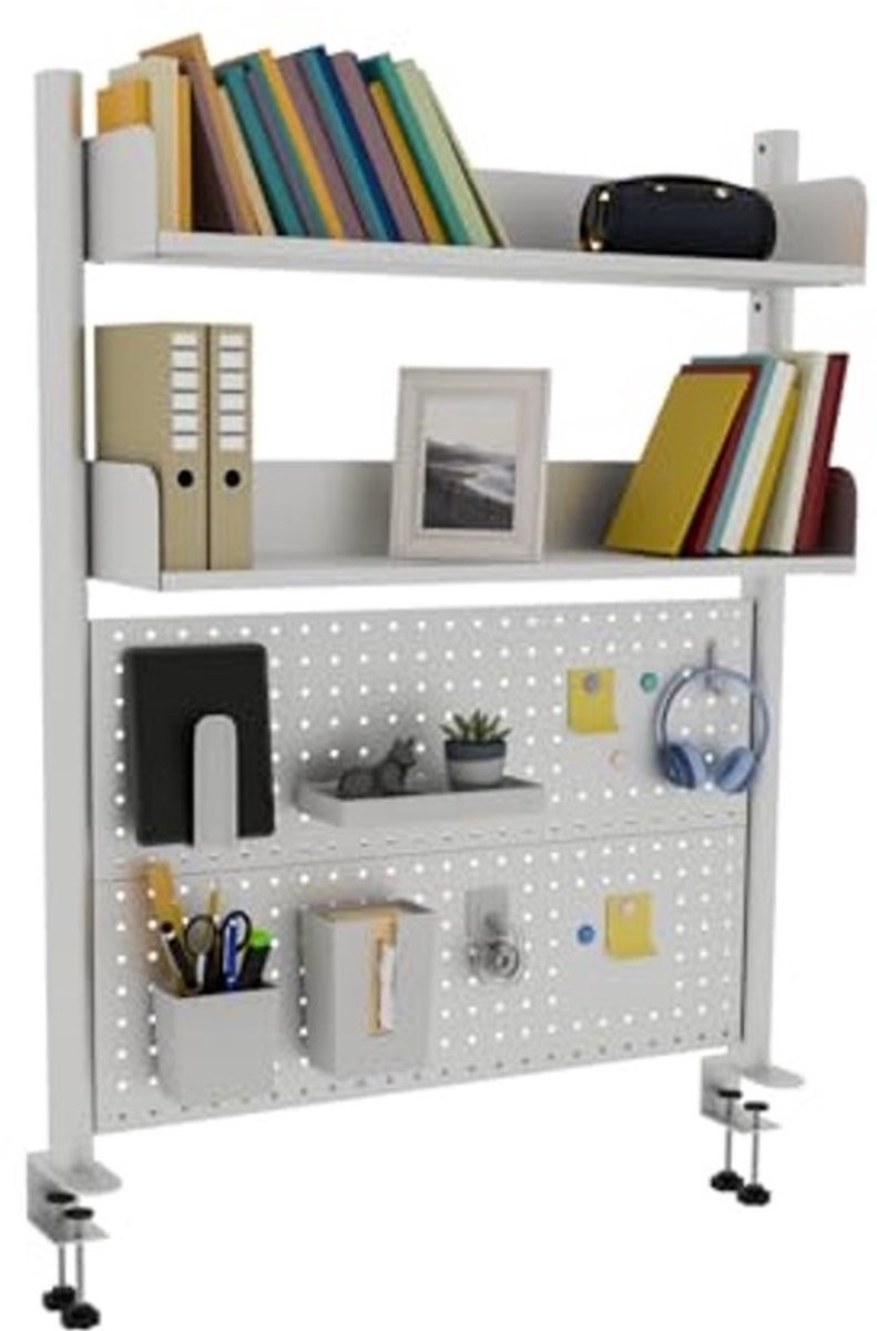 2-laags bureauplank met pegboard - wit 80 cm, bureauorganizer voor thuis en kantoor