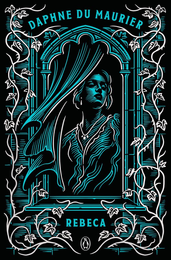 Boekomslag van 'Rebeca' van Daphne Du Maurier, met een turquoise en witte illustratie van een vrouw achter een gordijn, omlijst door ranken.