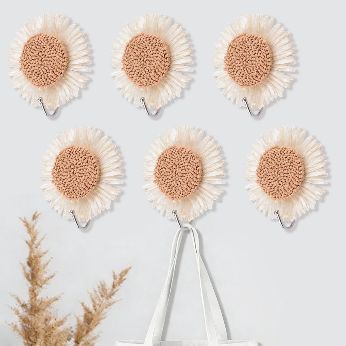 Elzusha - Set van 6 Zelfklevende Houten Muurhaken - Boho Rotan Daisy Design