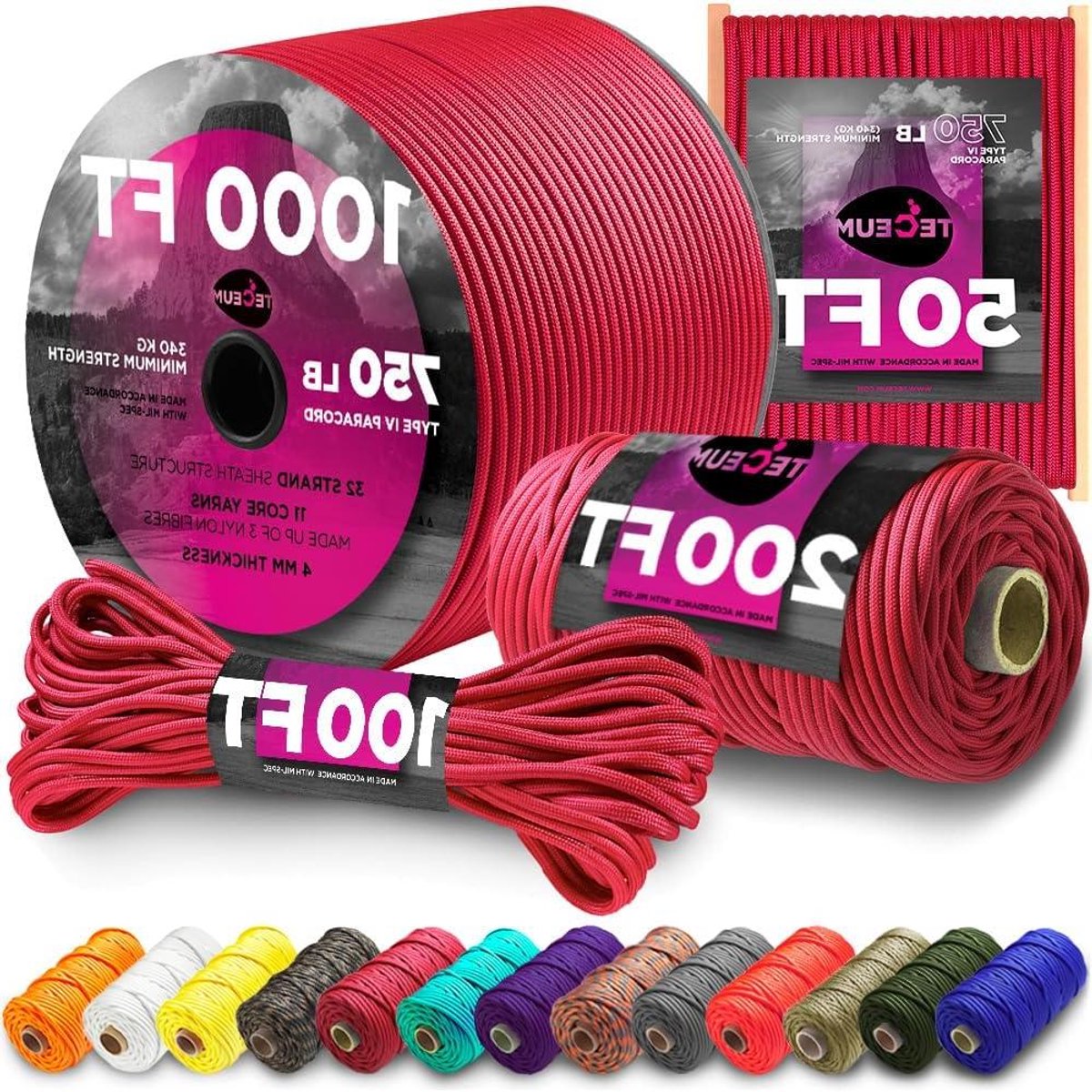 Paracord Touw - Mil-SPEC Koord - Outdoor Activiteiten - Hoge Treksterkte - 152 Meter - Karmozijnrood