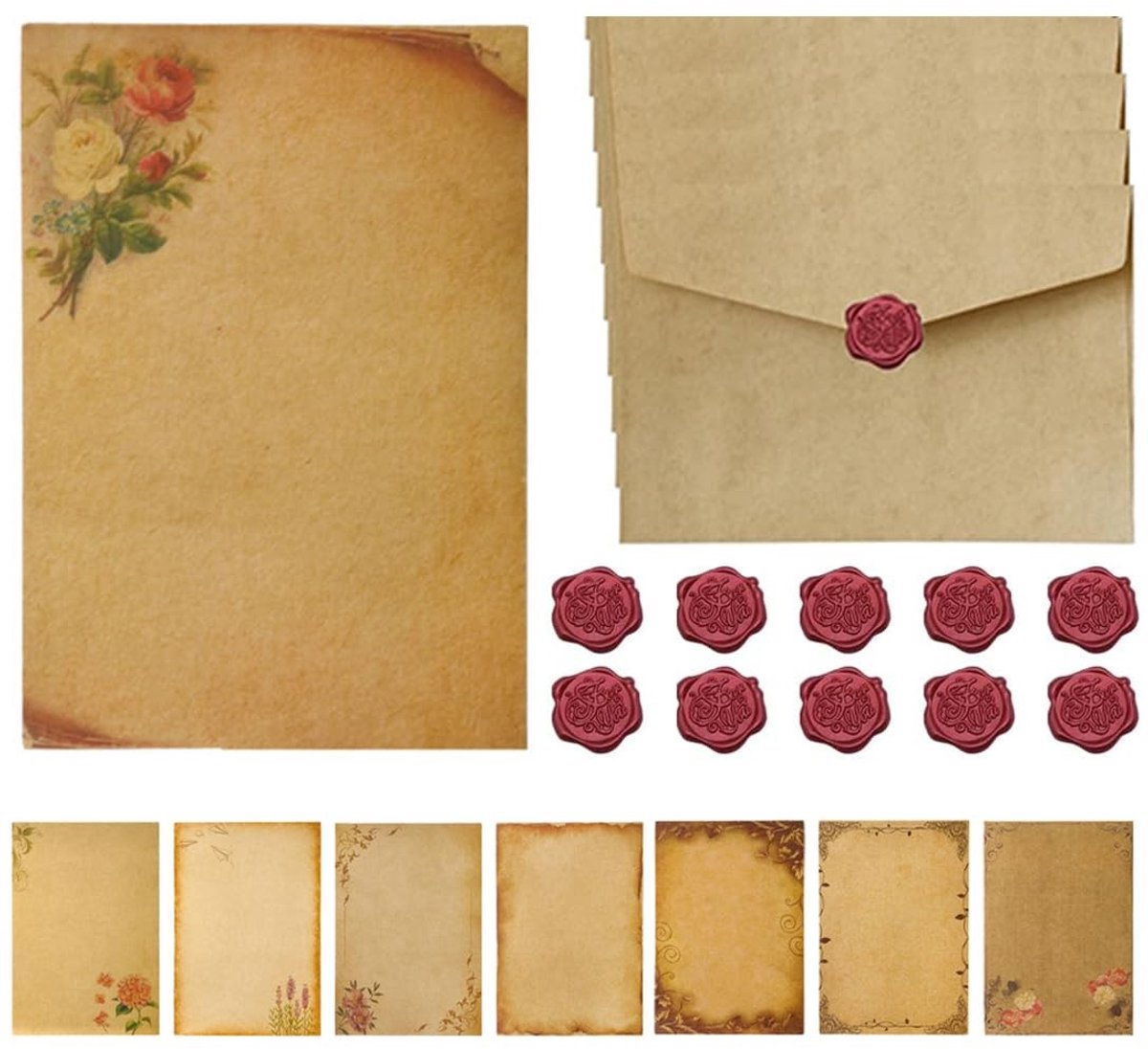 Elzusha - Vintage Schrijfpapier Set met Enveloppen en Waxzegels