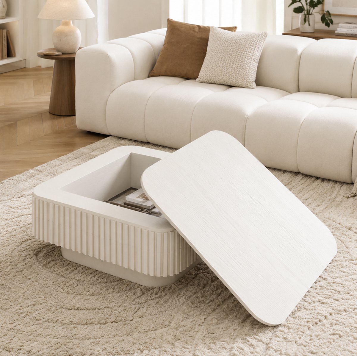 COVREO Salontafel 75x75x35 cm crème MDF met houtfineer - vierkant - verborgen opbergruimte