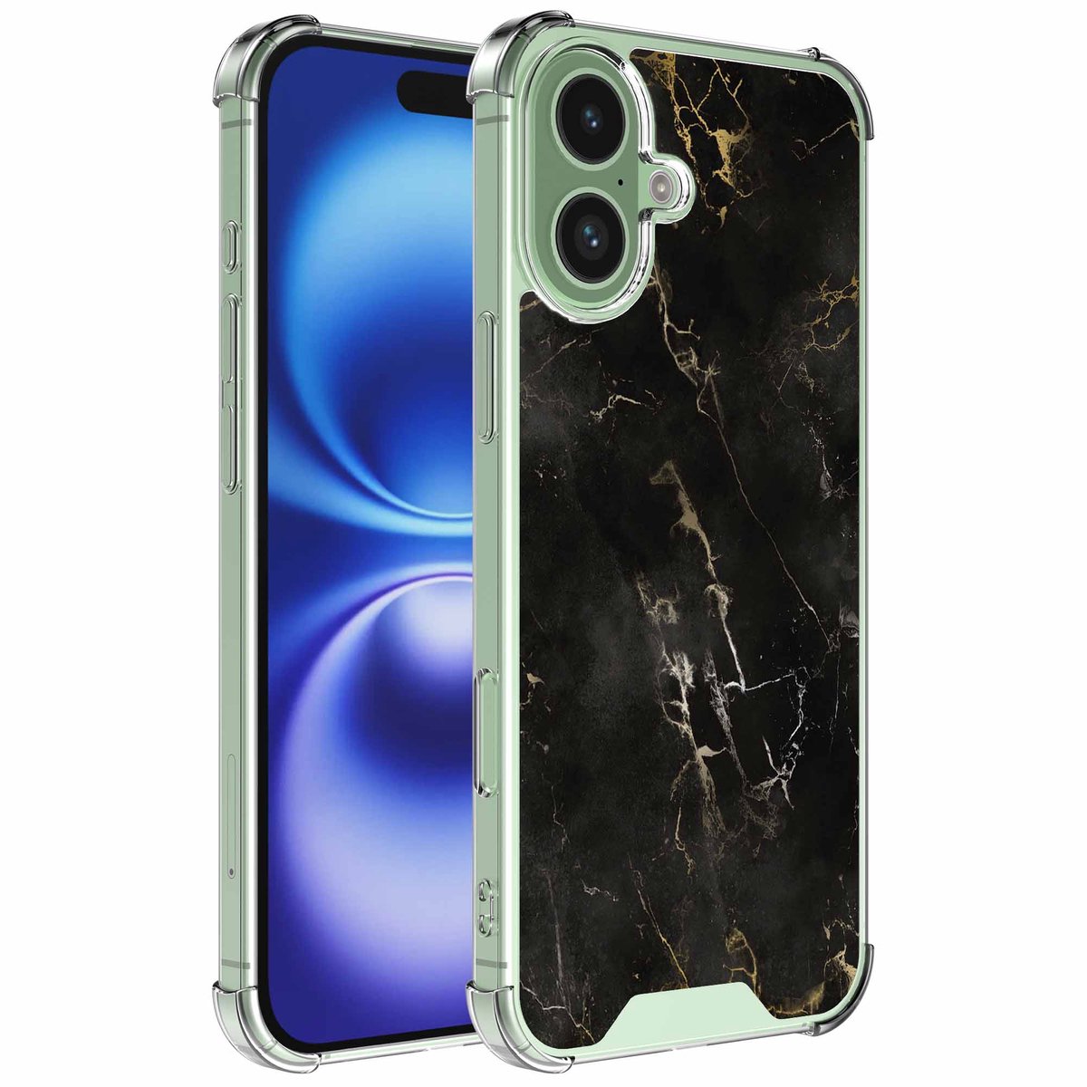 Smartphonica Geschikt voor iPhone 16 Telefoonhoesje met Zwart Marmer opdruk - Draadloos op te laden - Shockproof Siliconen TPU Strong Case - Sterk Schokbestendig Telefoonhoesje geschikt voor iPhone 16