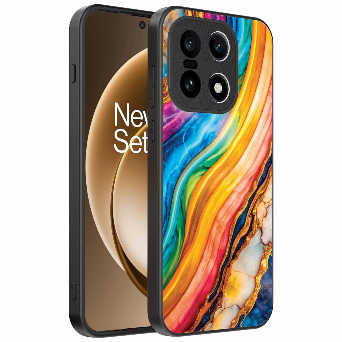 Geschikt voor OnePlus 15 Telefoonhoesje met Regenboog Goud Marmer Opdruk - TPU Backcover Case Rainbow Gold Marble Design - Smartphonica geschikt voor OnePlus 15