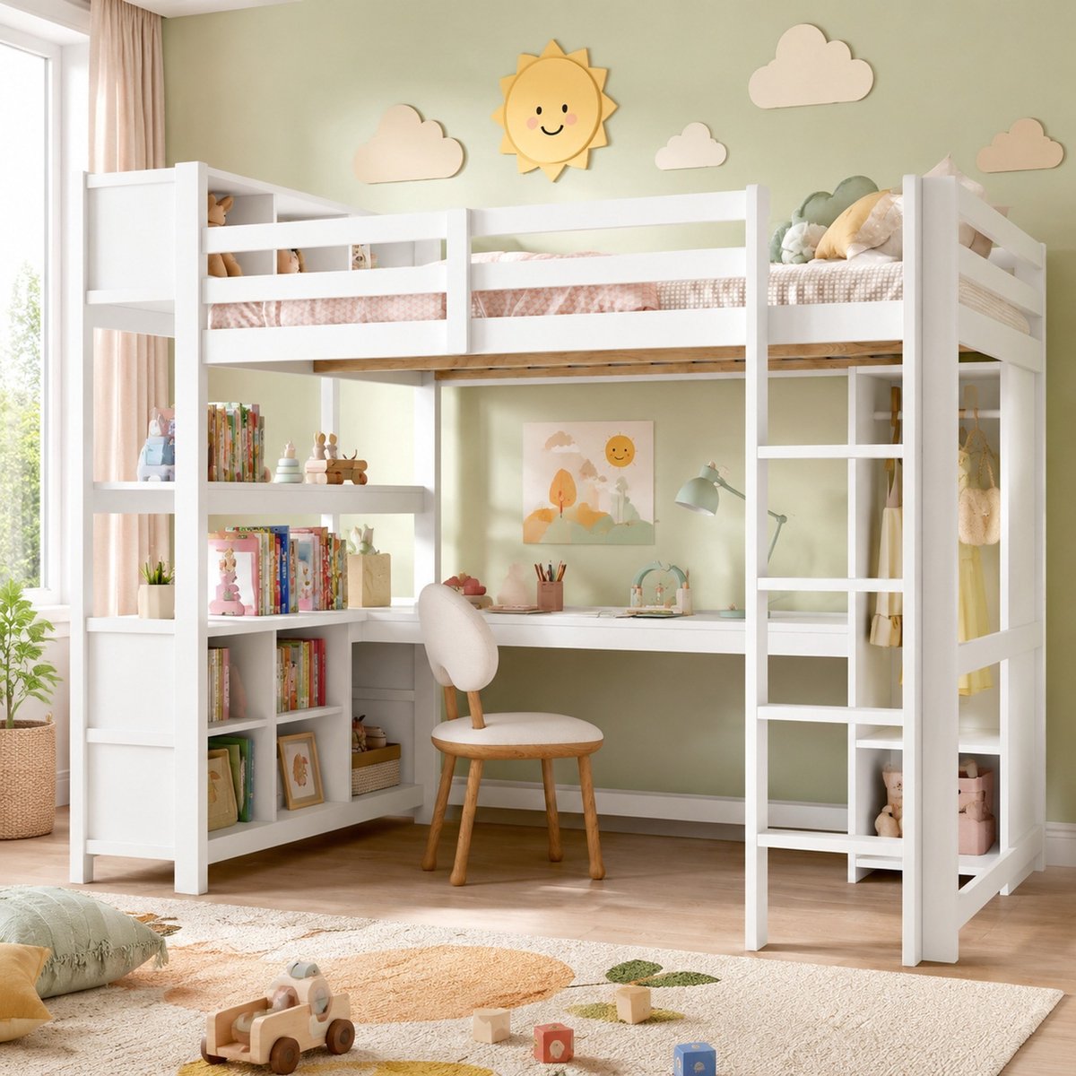Wishdor Hoogslaper 140x200 cm - Met bureau en opbergruimte - Met boekenplanken en kledingkast - Minimalistisch - Kinderkamer studentenkamer appartement - Hout en MDF - Wit
