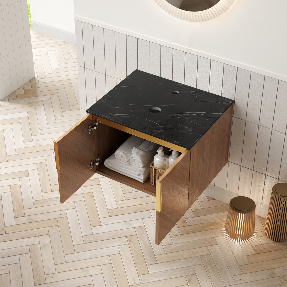OKWISH Badkamermeubel – Onderbouwkast 61 Cm – 2 Deuren – Voor Compacte Badkamers – Zwarte Sintersteen en Bruine Eikenkleur
