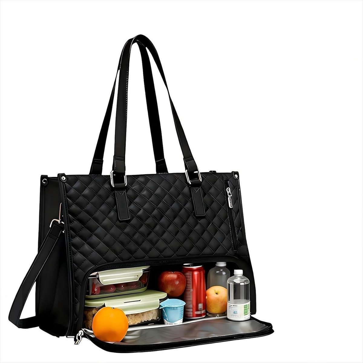 Stijlvolle Zwarte Lunchtas voor Vrouwen, 15.6 Inch Handtas met Koelcompartiment, Ideaal voor Werk, School en Kantoor met Lange Schouderband