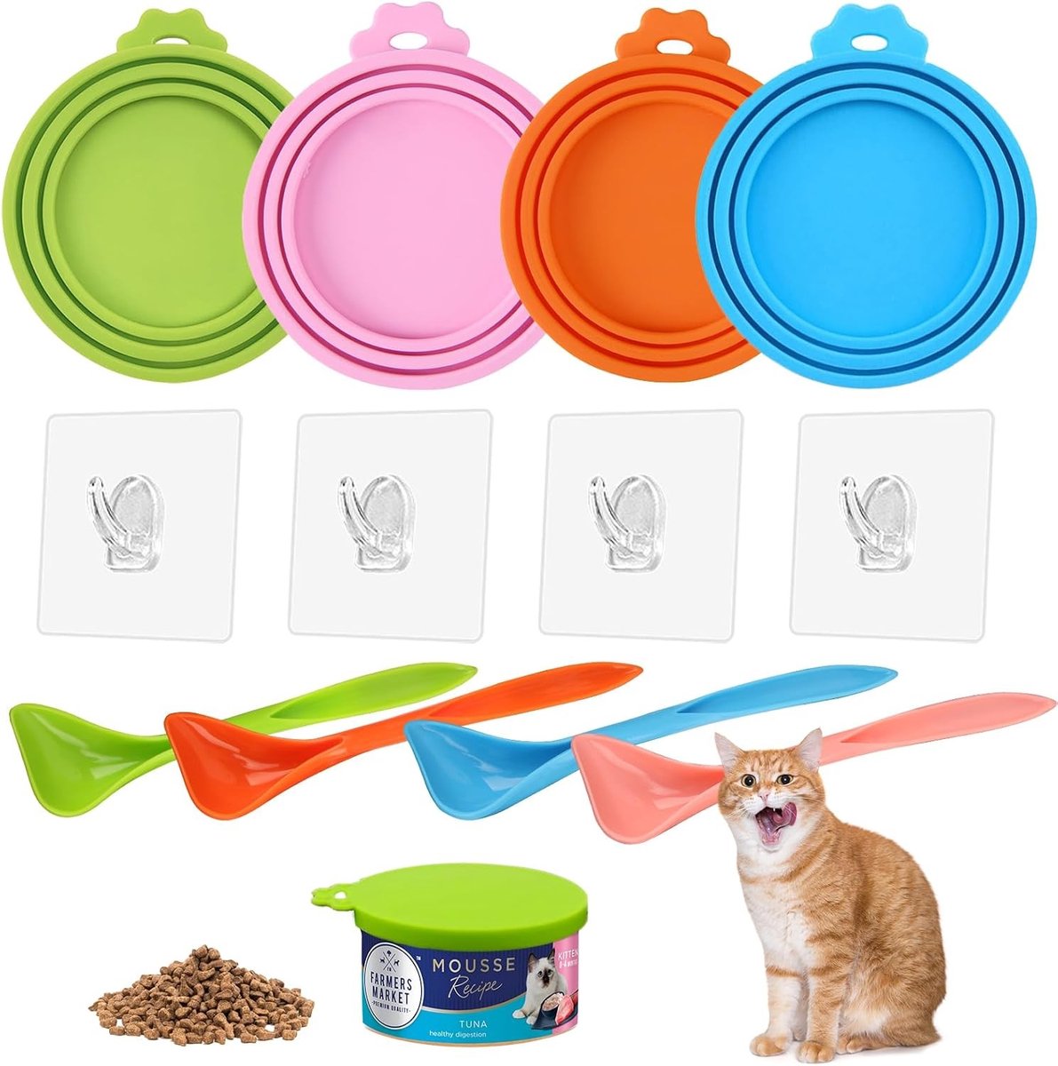Universele Siliconen Deksel Set voor Huisdierenvoer, 4 Stuks met Haakjes en Lepels voor Katten en Honden, Geschikt voor Diverse Voedselboxen