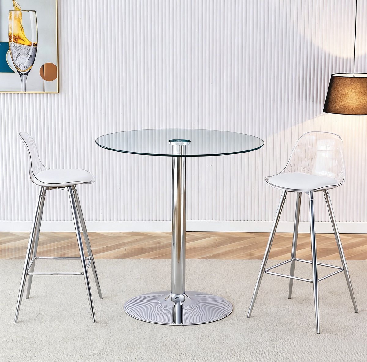 Wishdor Set tafel en stoelen - Rond glazen barset met 2 barkrukken - Transparant en zilverkleurig - Modern - Ø 89 cm