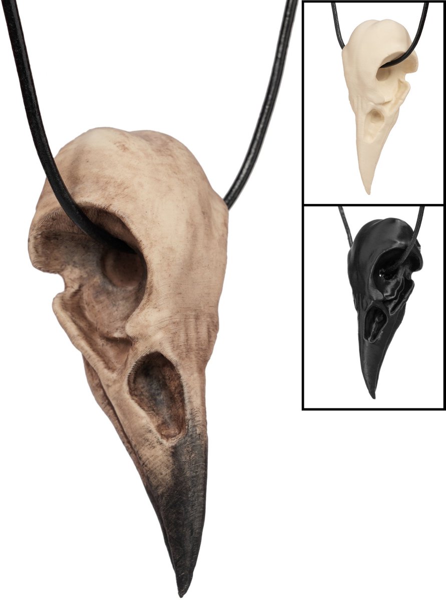 3D-Print Ravenschedel Hanger Met Leren Band (11cm)