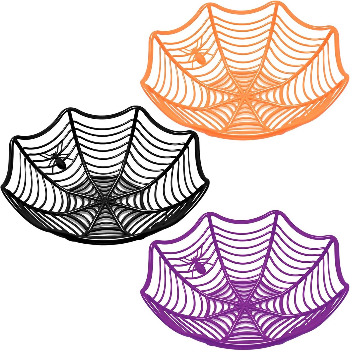 3-delige set snoepschalen in spinnenwebstijl voor Halloween – Mandjes voor koekjes, snacks en fruit – Kunststof – 3 kleuren; geschikt als decoratie voor Halloweenfeesten, voor het serveren van lekkernijen en als tafeldecoratie.