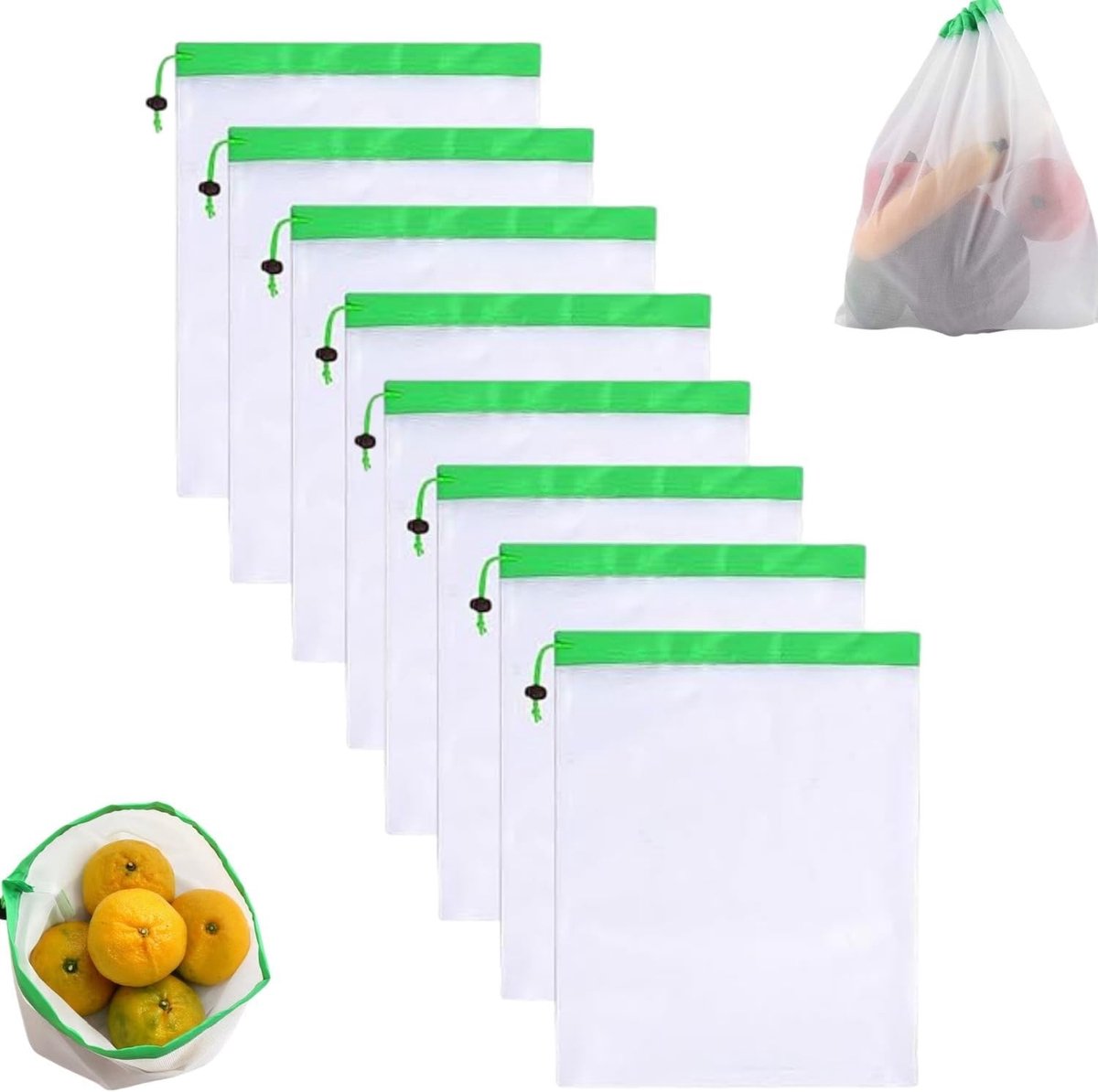 Set van 8 Herbruikbare Groenten Netten met Trekkoord, Transparante Netzakken voor Fruit en Groenten, Vaatwasserbestendig en Milieuvriendelijk, 35 x 30 cm