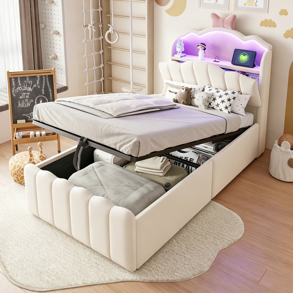 COVREO Kinderbed 90x200 cm beige stof, met opbergruimte en LED-verlichting