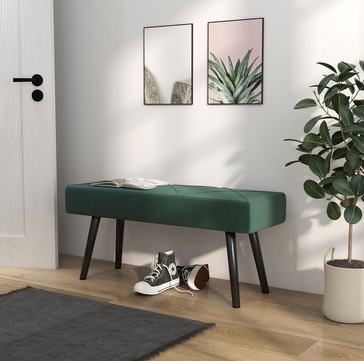 REDOM - Bank - Bedbank - Samtoptiek - Gestikt patroon - Stalen poten - Voor slaapkamer en hal - Staal - Groen - 100 x 36 x 45 cm