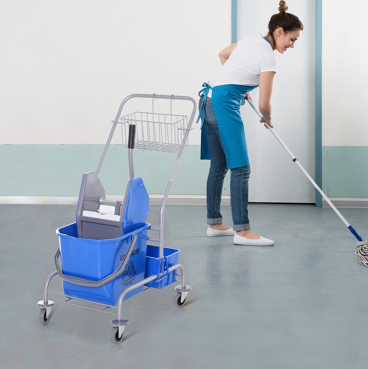 REDOM - Schoonmaakwagen met wringer - 25L emmer met haken en opbergkorf - Vier wielen en ergonomische handgreep - Kunststof - Gebruik voor hotels, scholen en openbare ruimtes - Blauw - 72 x 49,5 x 95 cm