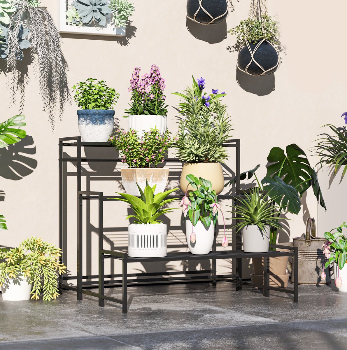 REDOM- Plantenrek - 3-laags ontwerp - Open trapvormige structuur - Roosterplanken - Voor binnen en buiten - Metaal - Zwart - 75 x 70 x 66 cm