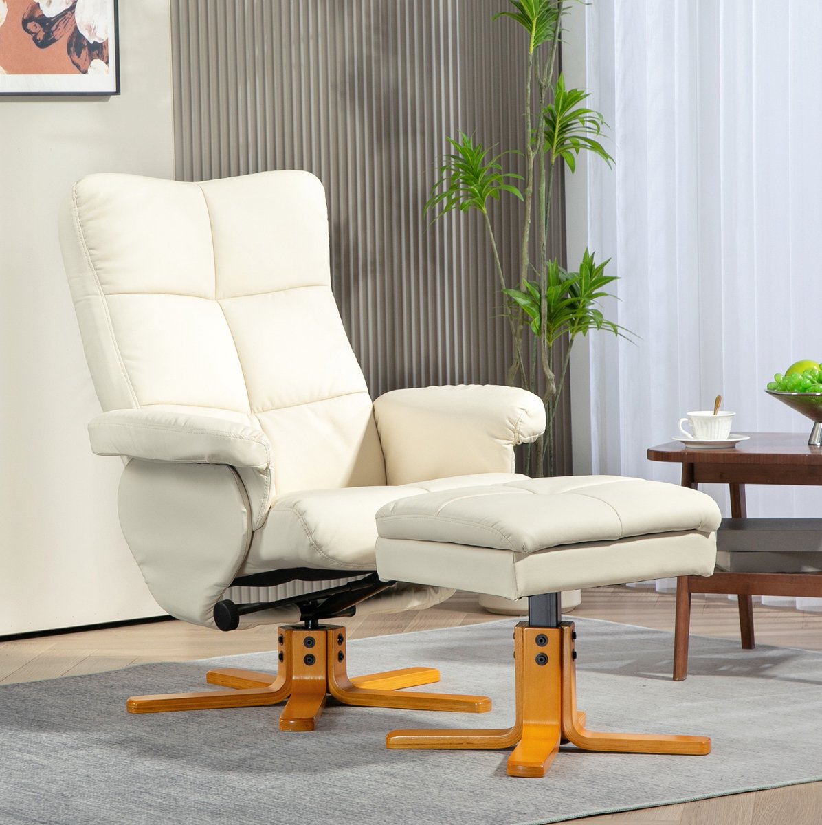REDOM - Relaxfauteuil met hocker - Verstelbare rugleuning tot 145° - 360° draaibaar - Ergonomisch ontwerp - Woonkamer en slaapkamer - Kunstleer en hout - Crèmewit - 80 x 86 x 99 cm
